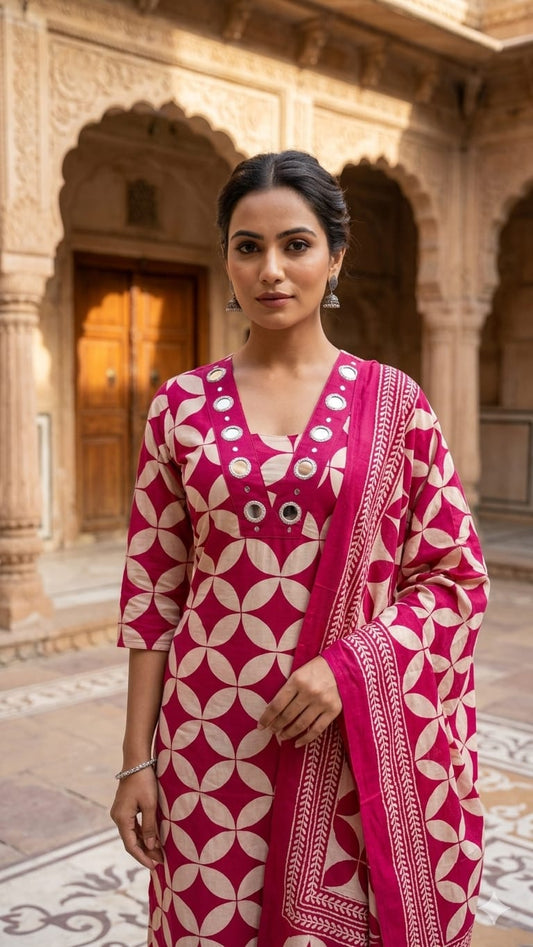 Amthi Rani Pink Cotton Block Print 3-Piece Suit Set with Mirror Work