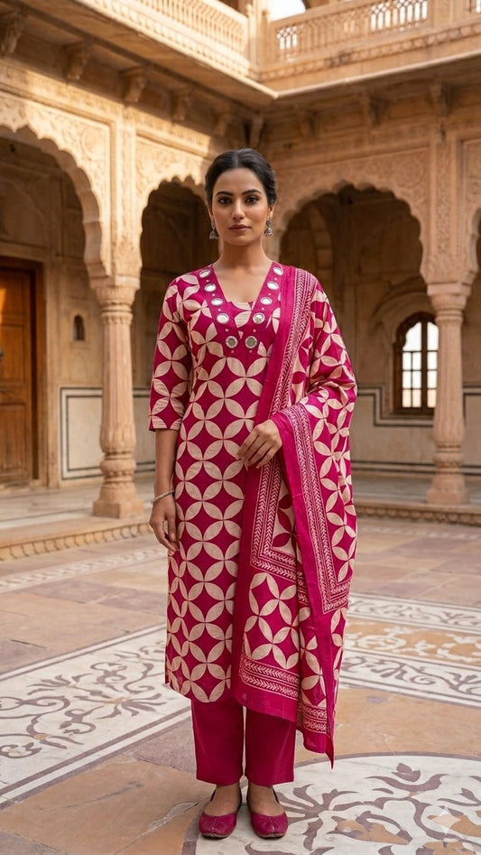 Amthi Rani Pink Cotton Block Print 3-Piece Suit Set with Mirror Work