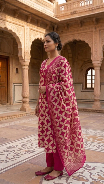Amthi Rani Pink Cotton Block Print 3-Piece Suit Set with Mirror Work