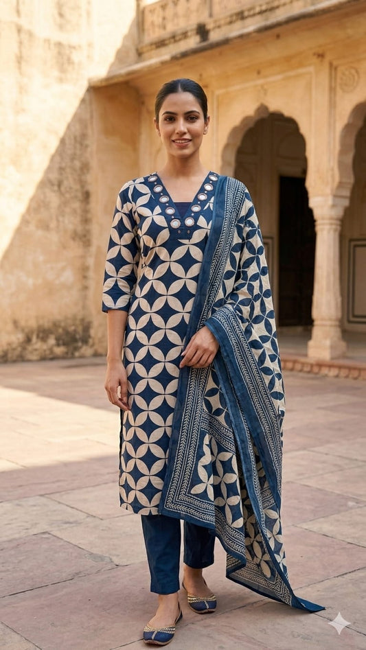 Amthi Navy Blue Pure Cotton 3-Piece Suit Set for Women | Mirror Work Neckline