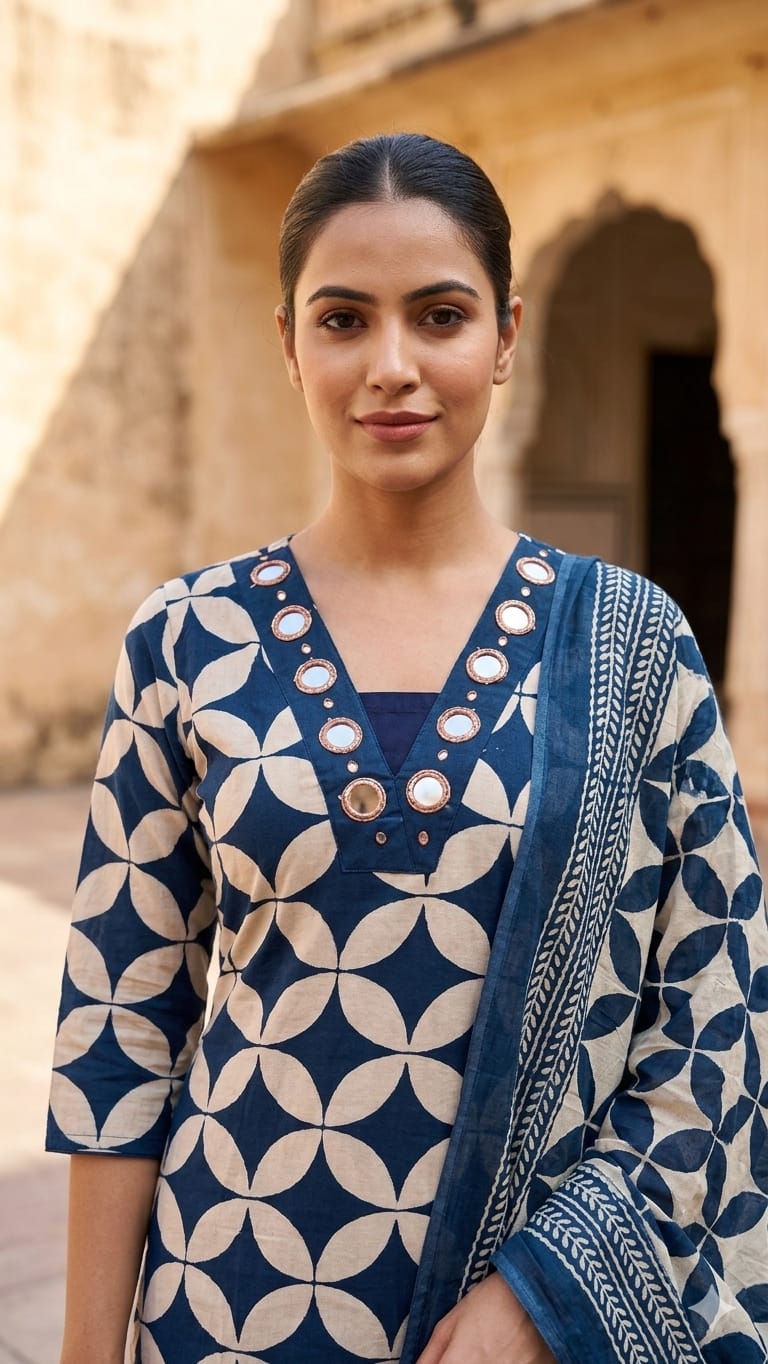 Amthi Navy Blue Pure Cotton 3-Piece Suit Set for Women | Mirror Work Neckline
