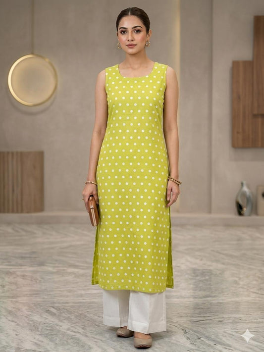 Amthi Neon Green Polka Dot Cotton Straight Kurti | Square Neck Sleeveless Kurta