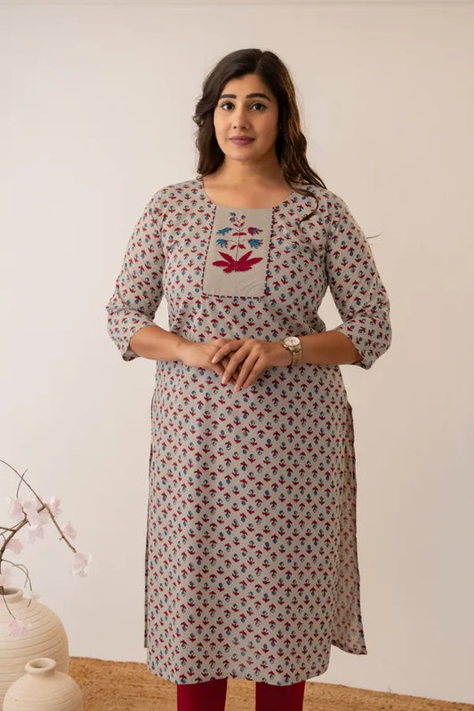 Amthi Women Cream Cotton Printed Straight Kurta| Daily Wear Office Kurti