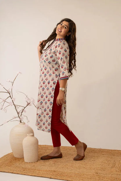 Amthi Beige Floral Printed Kurta for Women | Elegant Casual Ethnic Wear