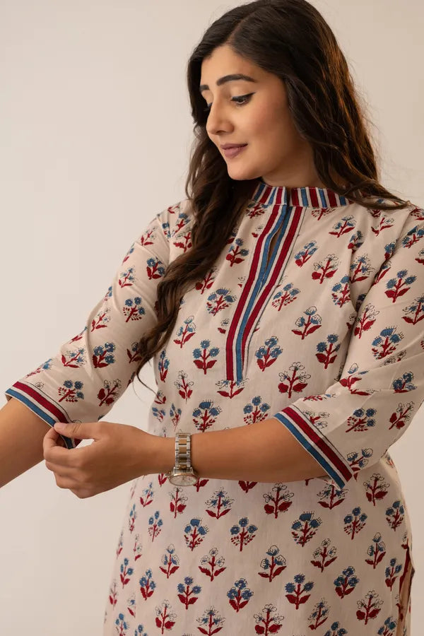 Amthi Beige Floral Printed Kurta for Women | Elegant Casual Ethnic Wear
