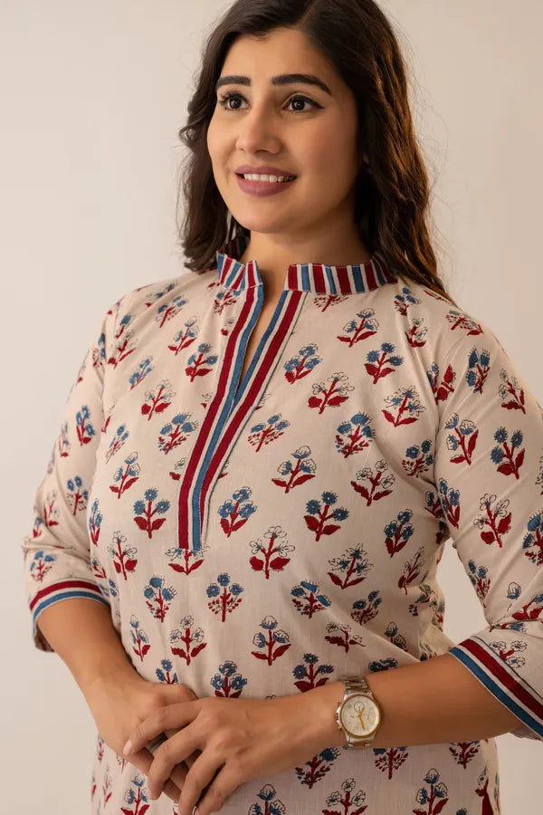 Amthi Beige Floral Printed Kurta for Women | Elegant Casual Ethnic Wear
