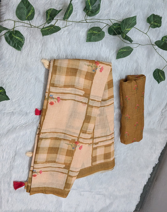 Amthi Beige Linen Cotton Saree with Mustard Check and Floral Print