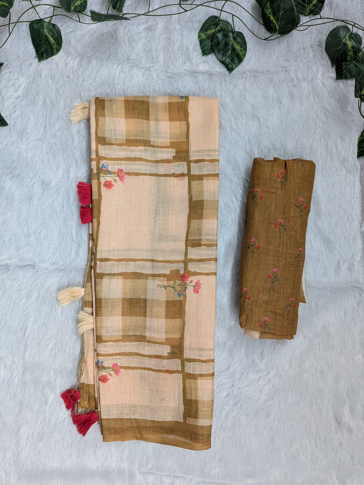 Amthi Beige Linen Cotton Saree with Mustard Check and Floral Print