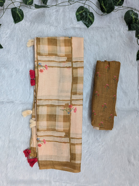 Amthi Beige Linen Cotton Saree with Mustard Check and Floral Print