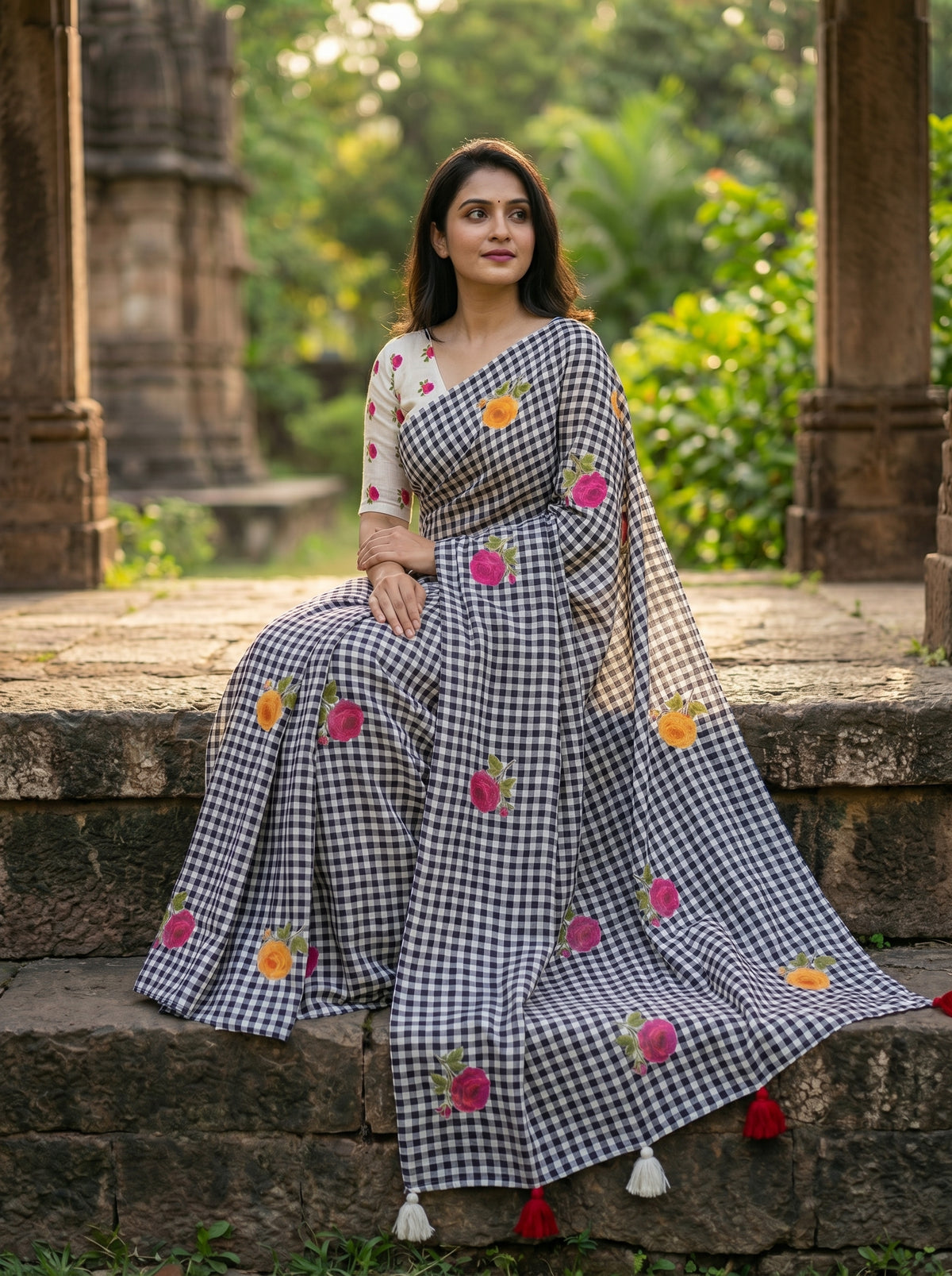 Amthi Black Checked Linen Saree with Contrast Blouse and Tassels
