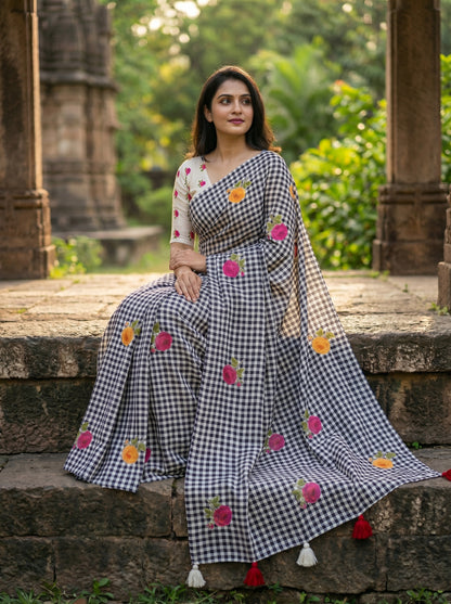 Amthi Black Checked Linen Saree with Contrast Blouse and Tassels