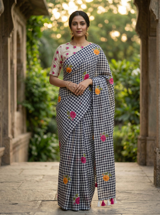 Amthi Black Checked Linen Saree with Contrast Blouse and Tassels