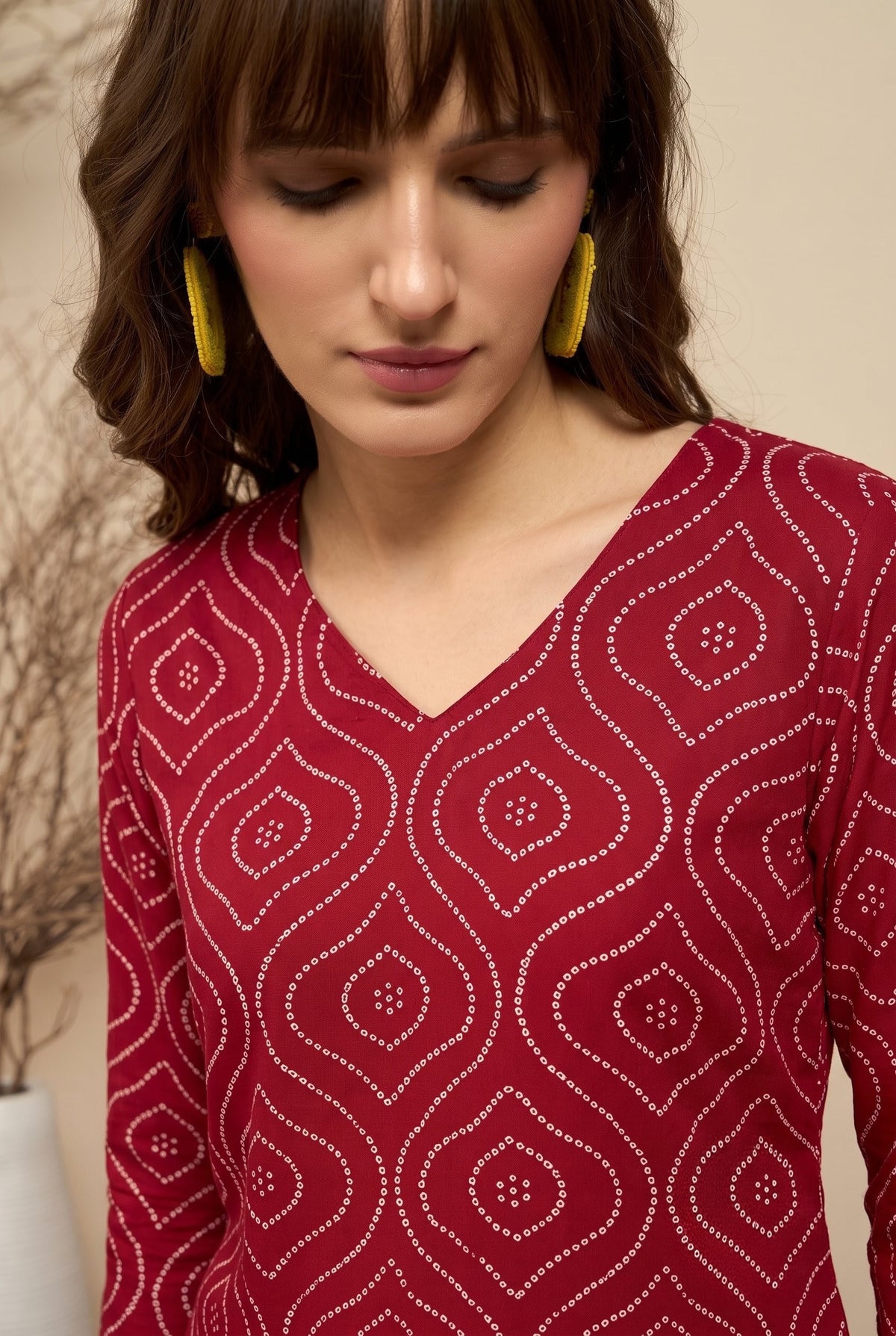 Amthi Maroon Bandhani Print Straight Kurta| Rayon Daily Wear Kurti For Women