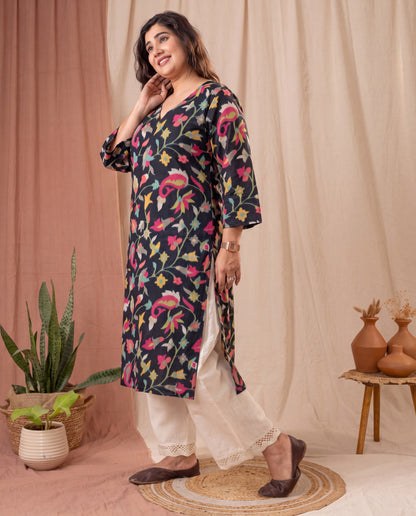 Amthi Black Floral Print Cotton Kurta for Women | V-Neck Bell Sleeve Kurti