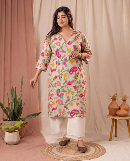 Amthi Cream Floral Printed Straight Kurta For Women
