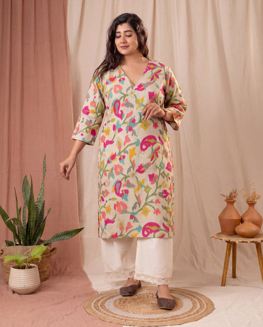 Amthi Cream Floral Printed Straight Kurta For Women