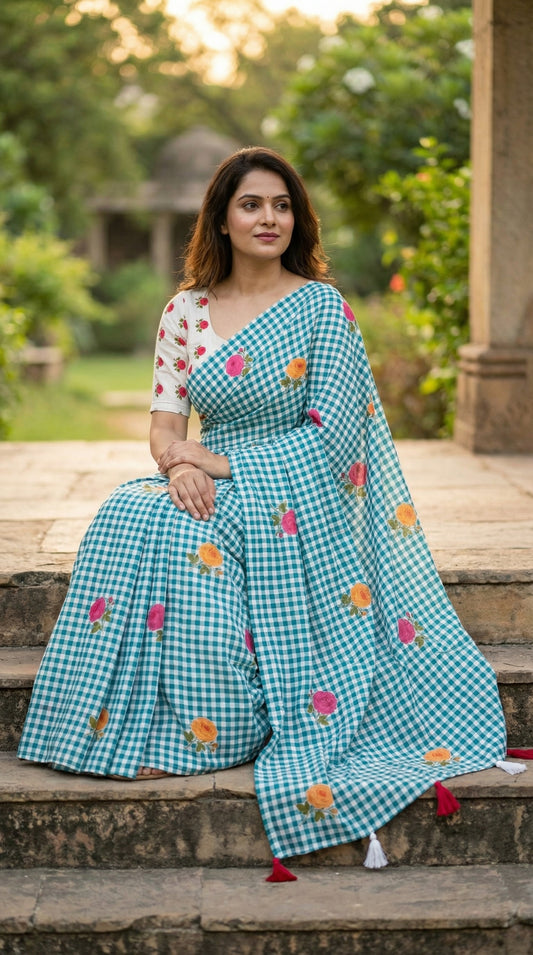 Amthi Women Floral Motif Digital Print Linen Saree with Tassels
