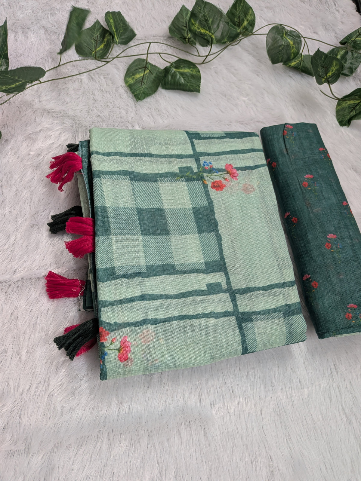 Amthi Sea Green Linen Cotton Saree| Checked & Floral Print| Tassel Border