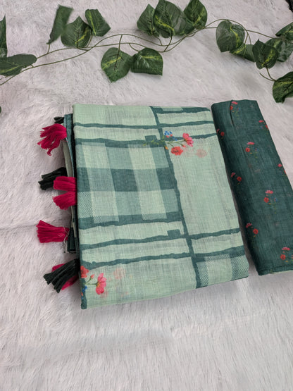 Amthi Sea Green Linen Cotton Saree| Checked & Floral Print| Tassel Border