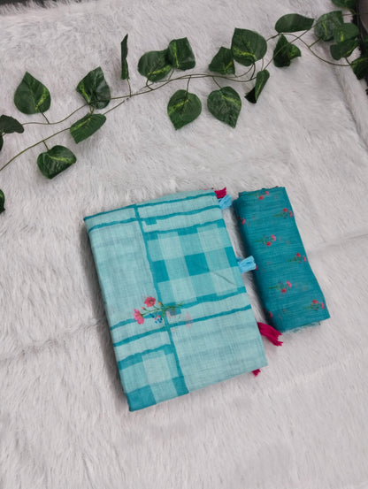 Amthi Sky Blue Linen Cotton Saree| Checked & Floral Print Design