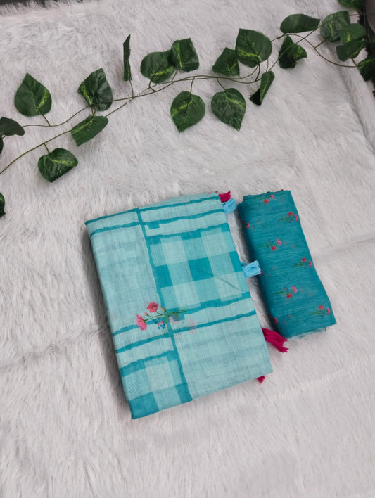 Amthi Sky Blue Linen Cotton Saree| Checked & Floral Print Design