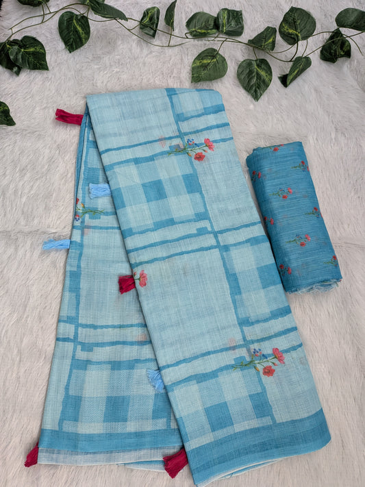 Amthi Sky Blue Linen Cotton Saree| Checked & Floral Print Design