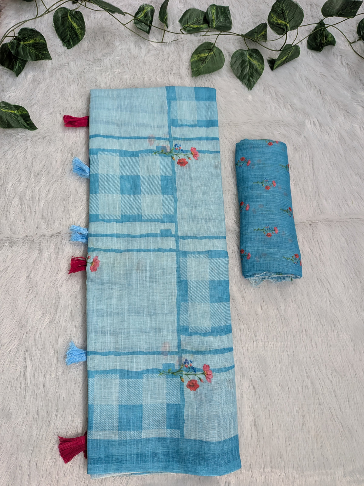 Amthi Sky Blue Linen Cotton Saree| Checked & Floral Print Design