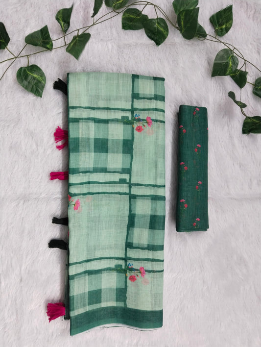 Amthi Sea Green Linen Cotton Saree| Checked & Floral Print| Tassel Border