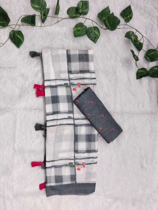 Amthi Grey Linen Cotton Saree| Checked & Floral Print | Daily Wear Saree For Women
