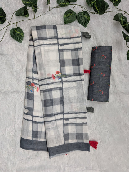 Amthi Grey Linen Cotton Saree| Checked & Floral Print | Daily Wear Saree For Women