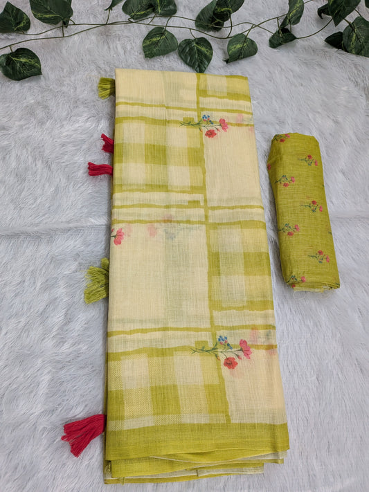 Amthi Olive Lime Green Linen Cotton Daily Wear Saree For Women