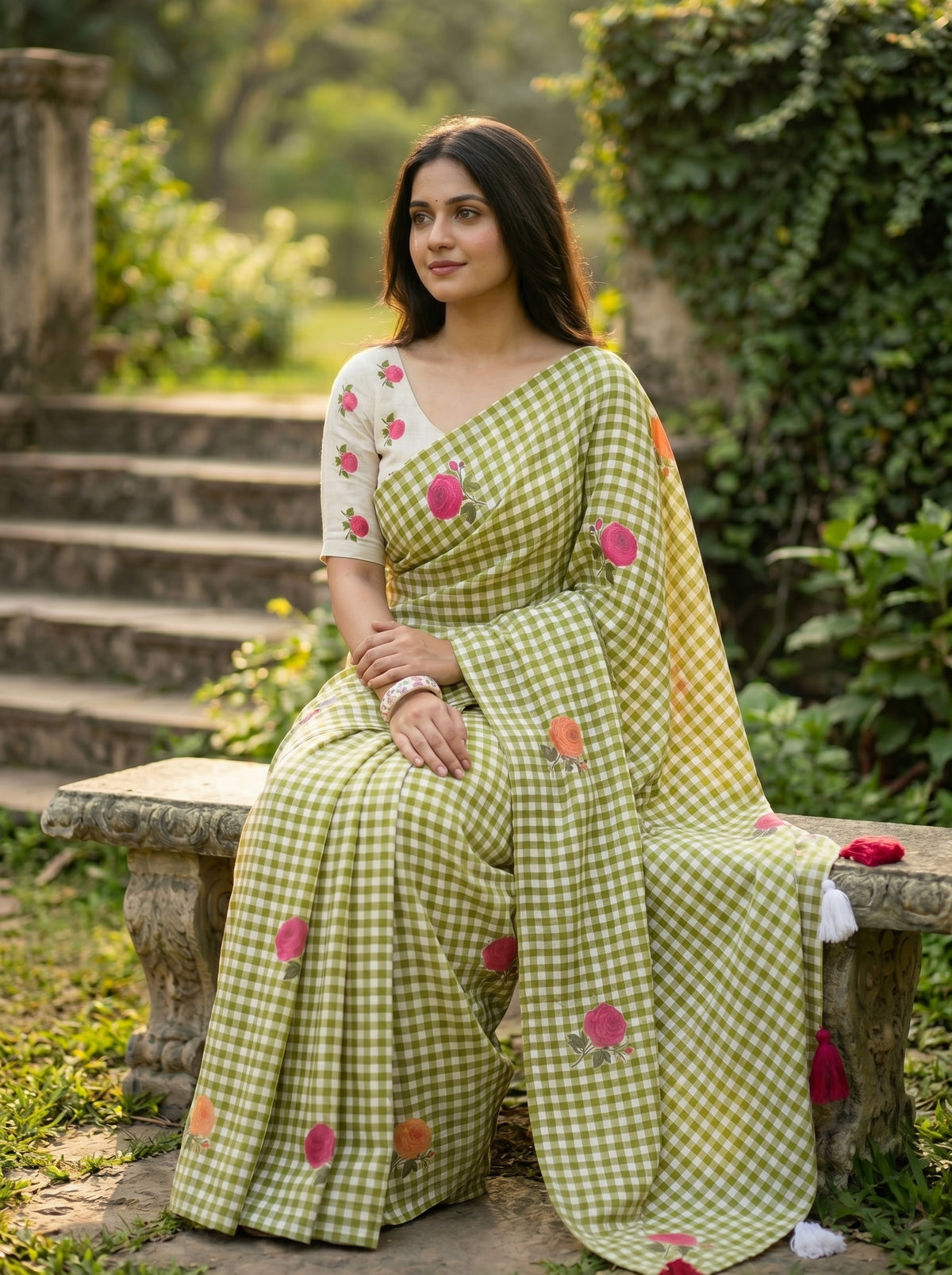 Amthi Floral Motif  Digital Print Linen Saree with White Contrast Unstitched Blouse