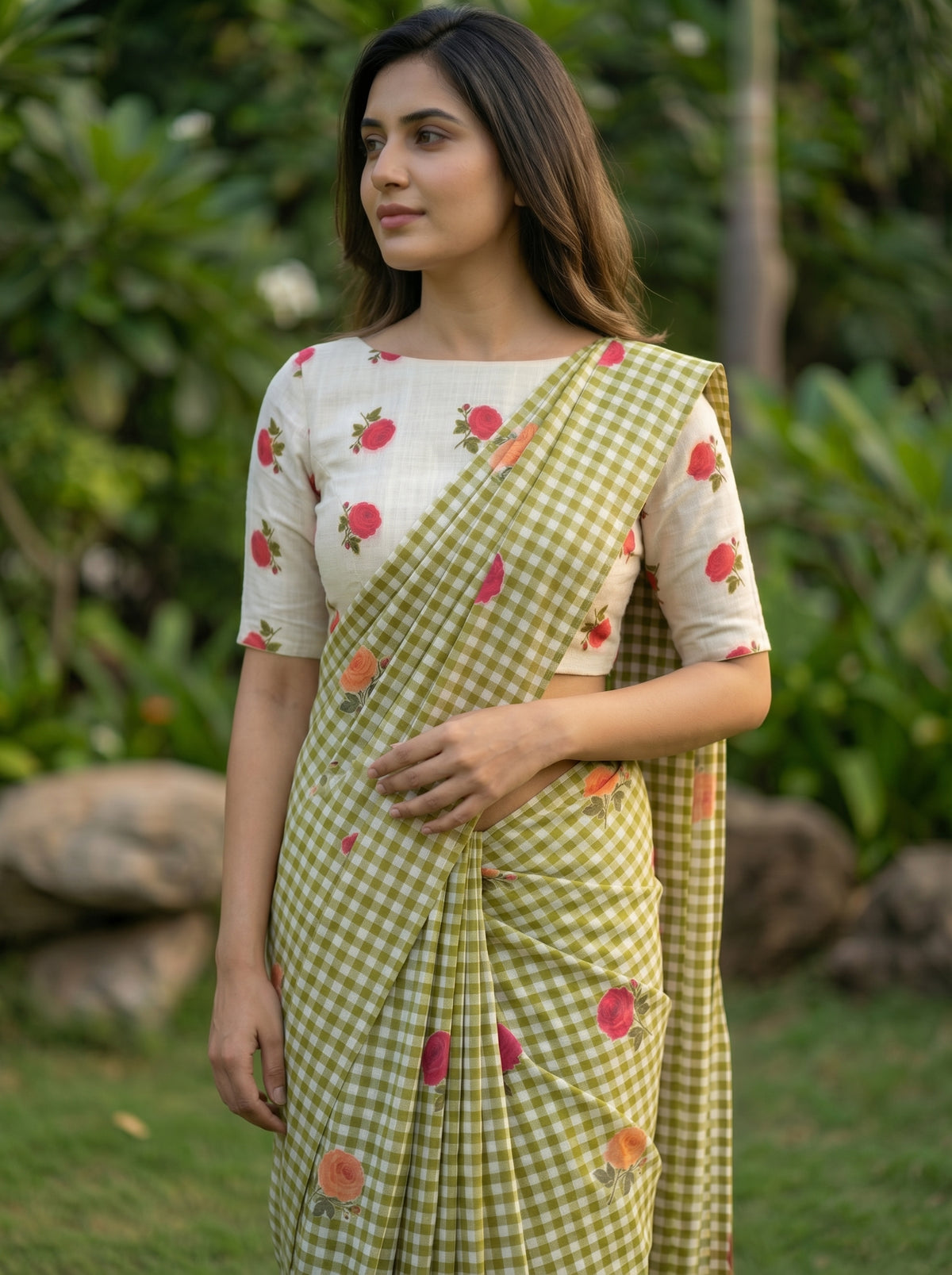 Amthi Floral Motif  Digital Print Linen Saree with White Contrast Unstitched Blouse