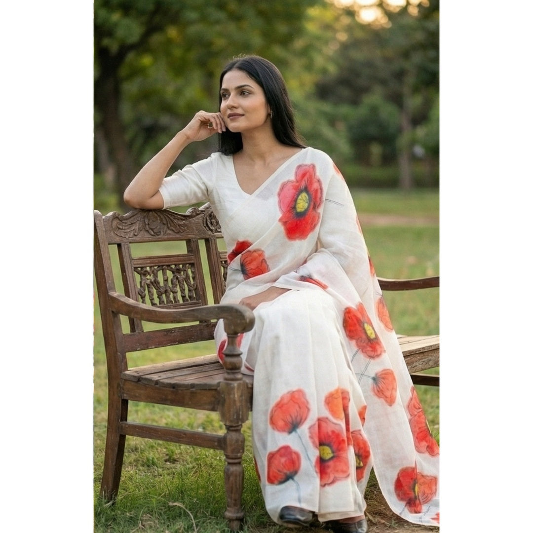 Amthi White Linen Saree with Red Floral Print | Soft Summer Designer Linen Saree for Women