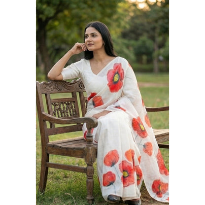 Amthi White Linen Saree with Red Floral Print | Soft Summer Designer Linen Saree for Women