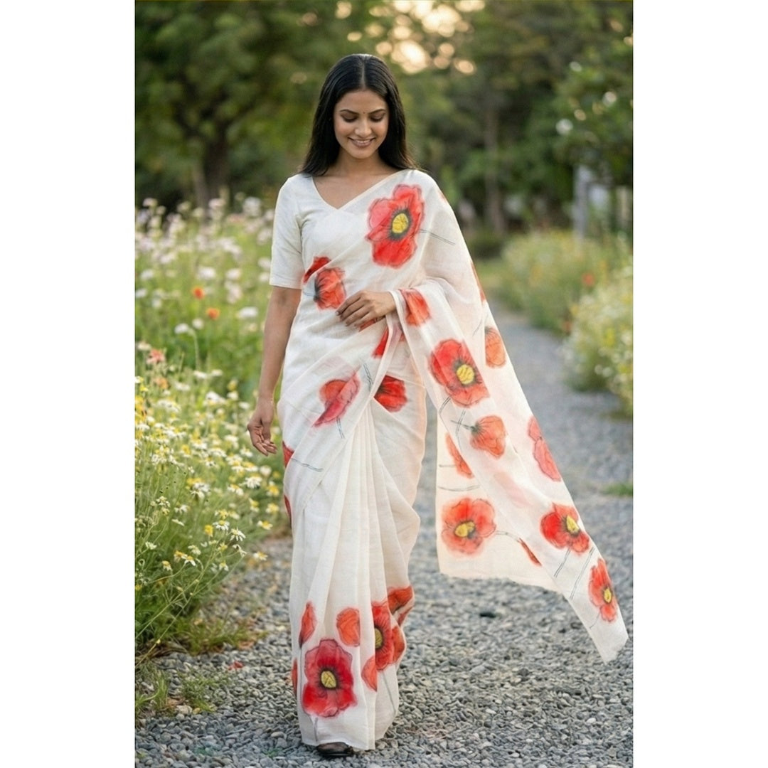 Amthi White Linen Saree with Red Floral Print | Soft Summer Designer Linen Saree for Women