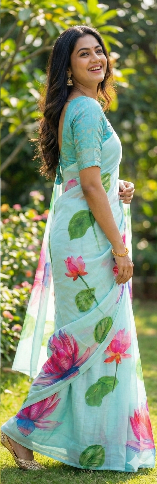 Amthi Aqua Blue Linen Lotus Print Saree with Unstitched Blouse – Lightweight Summer Saree