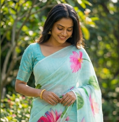 Amthi Aqua Blue Linen Lotus Print Saree with Unstitched Blouse – Lightweight Summer Saree
