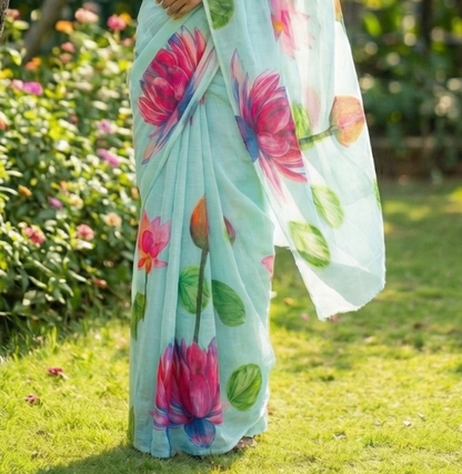 Amthi Aqua Blue Linen Lotus Print Saree with Unstitched Blouse – Lightweight Summer Saree