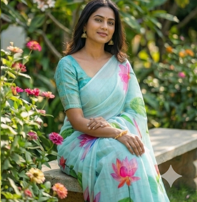 Amthi Aqua Blue Linen Lotus Print Saree with Unstitched Blouse – Lightweight Summer Saree