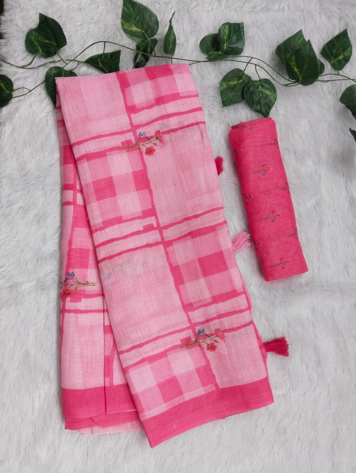 Amthi Pink Linen Cotton Saree| Checked & Floral Print Design