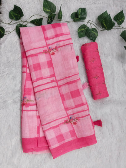 Amthi Pink Linen Cotton Saree| Checked & Floral Print Design