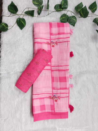 Amthi Pink Linen Cotton Saree| Checked & Floral Print Design