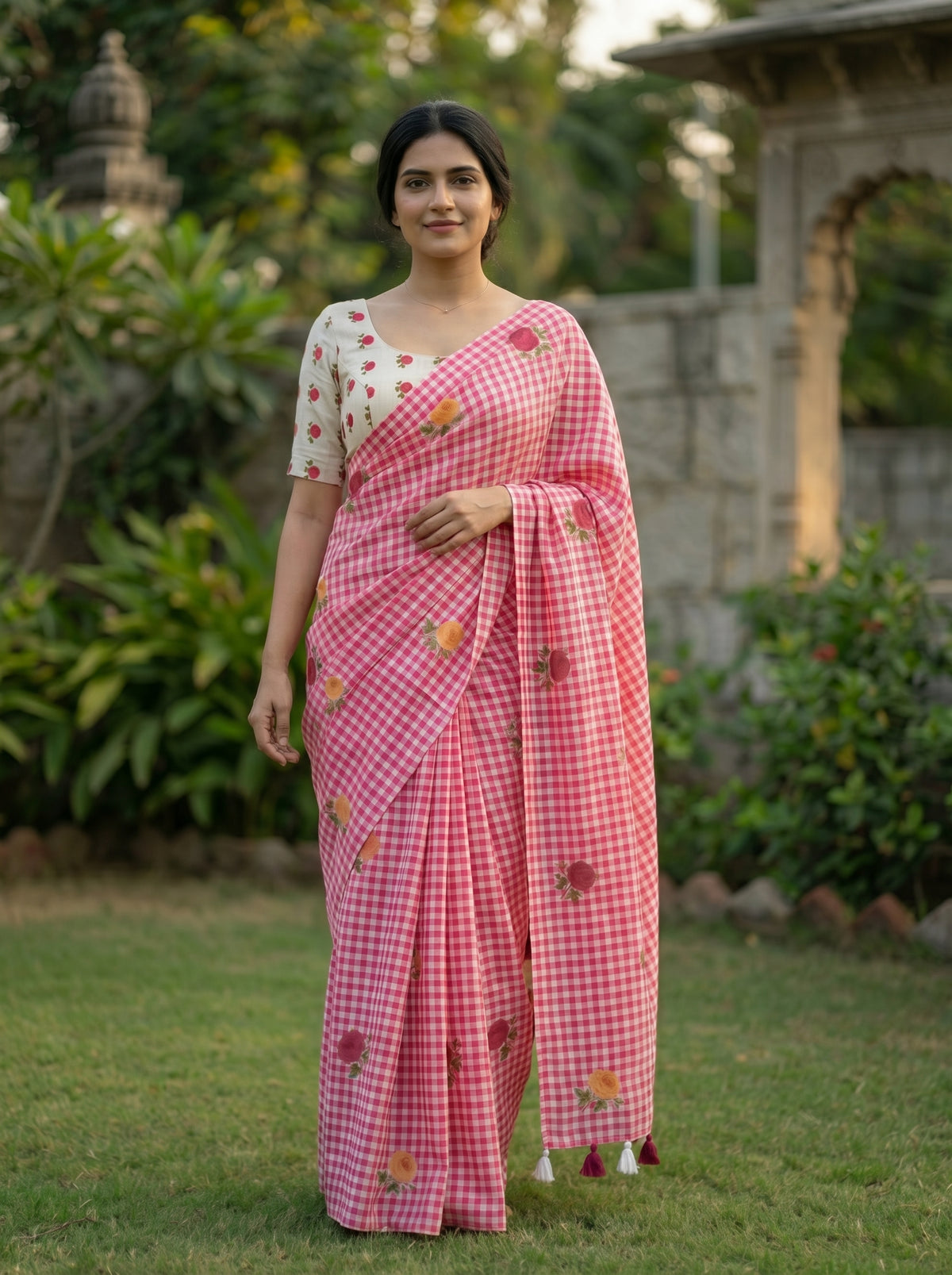 Amthi Pink Checked Linen Saree with Tassels and Contrast Blouse