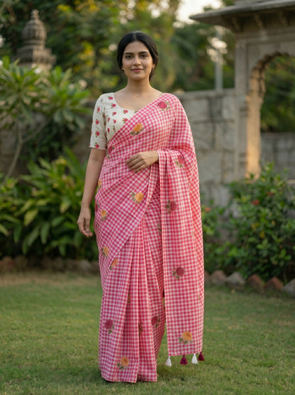 Amthi Pink Checked Linen Saree with Tassels and Contrast Blouse