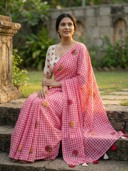 Amthi Pink Checked Linen Saree with Tassels and Contrast Blouse