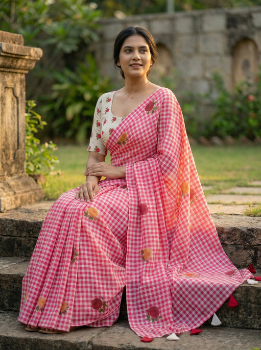 Amthi Pink Checked Linen Saree with Tassels and Contrast Blouse