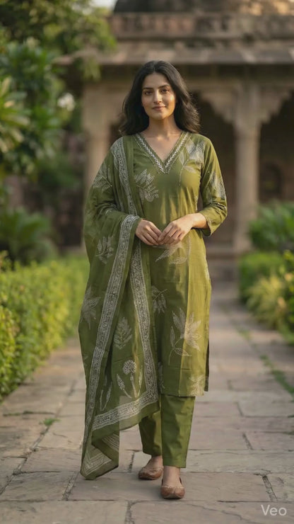 Amthi Women's Olive Green  Botanical Printed Pure Cotton Straight Kurta with Trousers Set