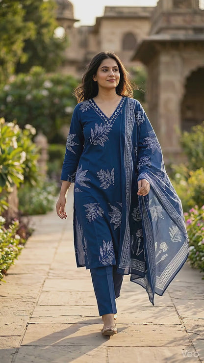 Amthi Women's Navy Blue & White Printed Pure Cotton Kurta with Trousers & Dupatta Set