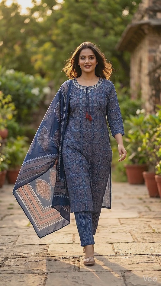 Amthi Women's Blue Ajrakh Printed Pure Cotton Kurta with Trousers & Dupatta Set